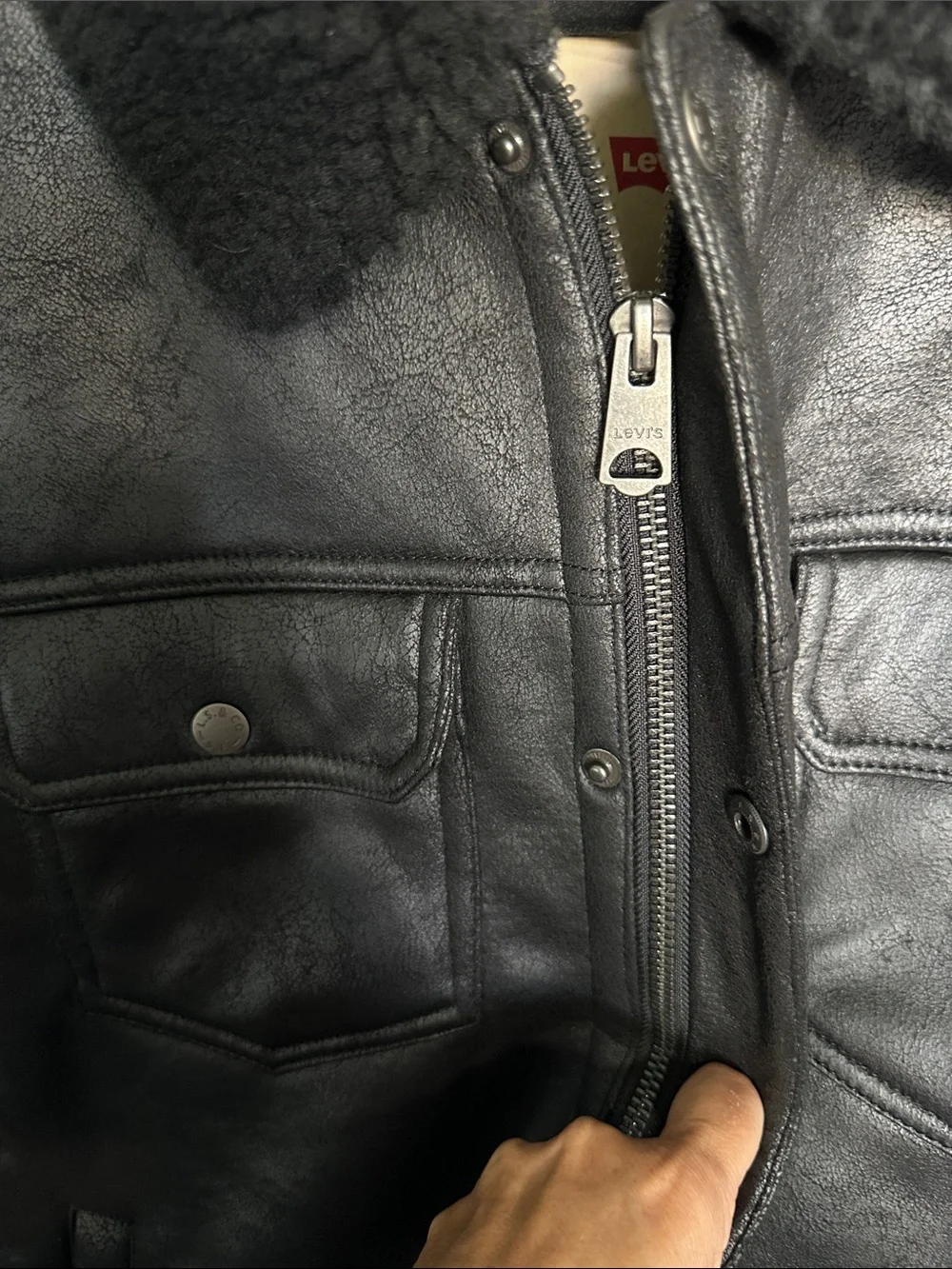 Levi's Black Faux Leather Sherpa Collar Trucker Jacket